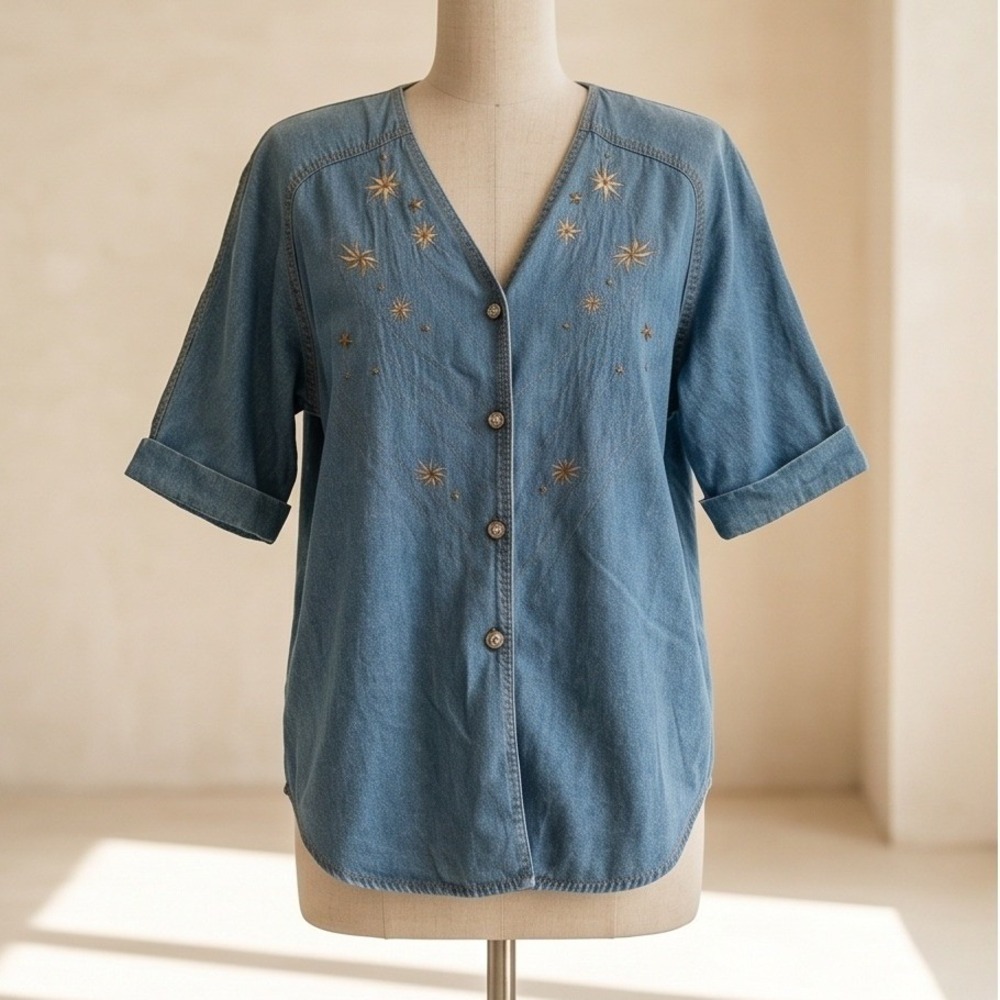 Bingo Bingo American Style 16 Vintage 80s Denim Star Embroidered Button Up Top